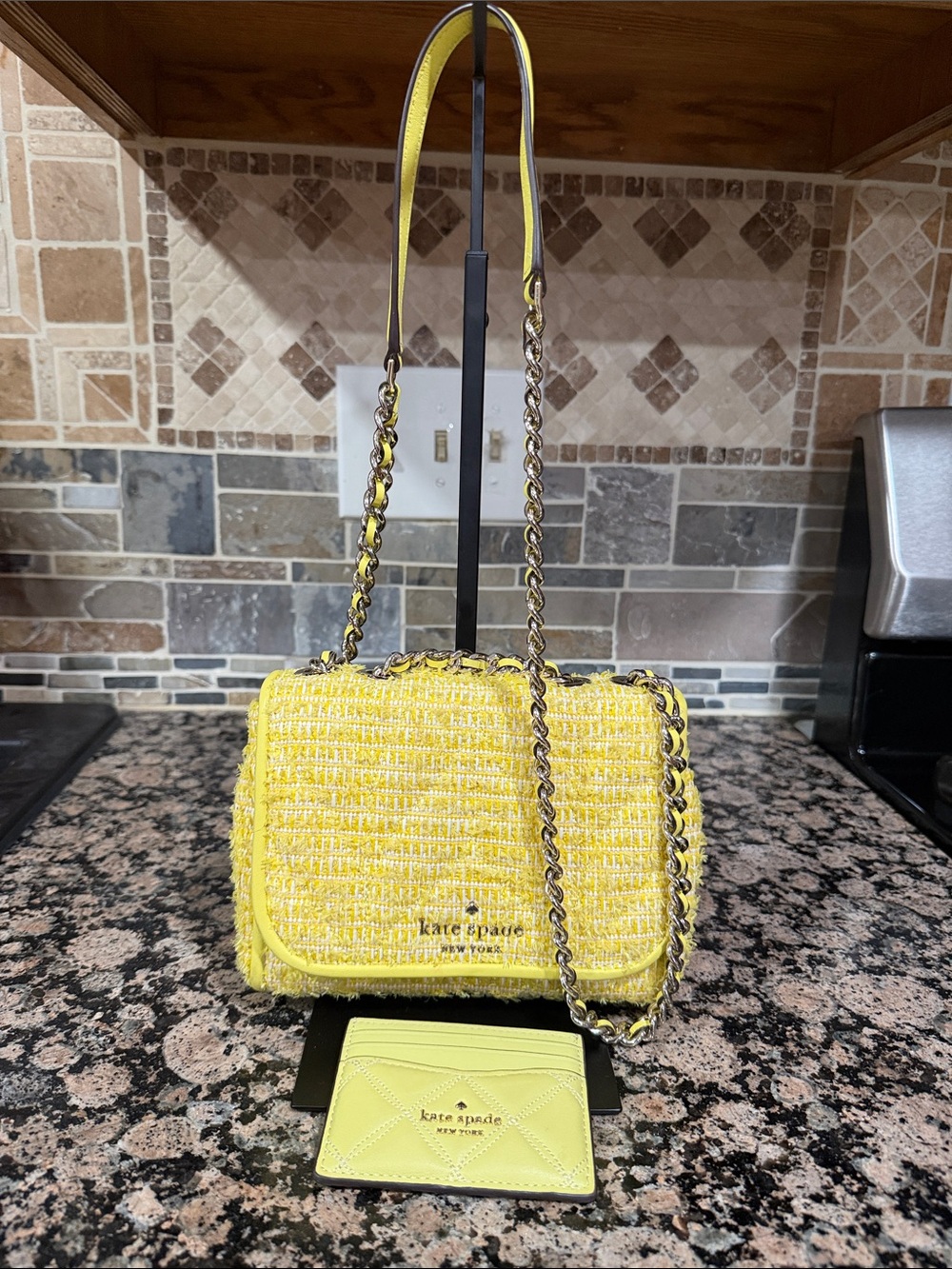 kate spade yellow tweed chain crossbody with matching cardholder